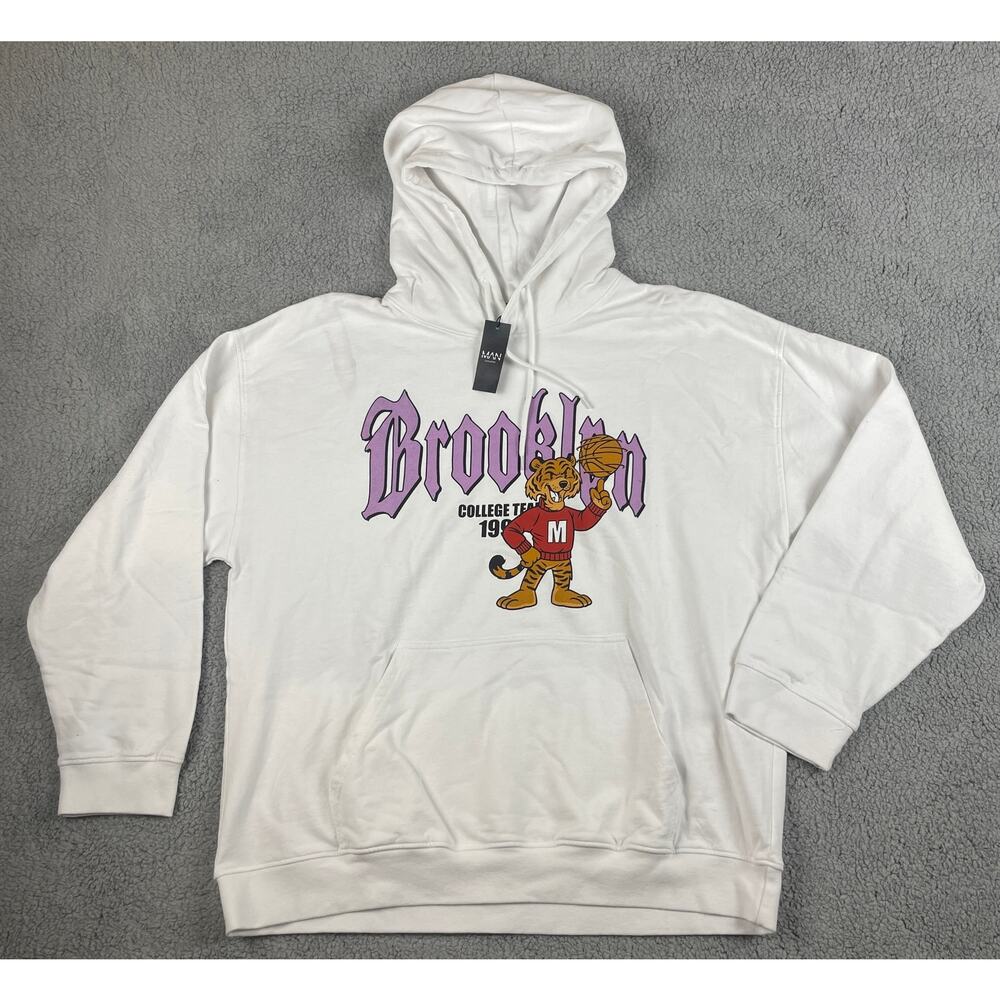 boohooMan Men's Large White Oversized Graphic Varsity Mascot Hooded Sweatshirt